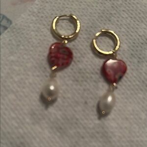 Murano Gold and Red Heart Earrings with Pearl Drops